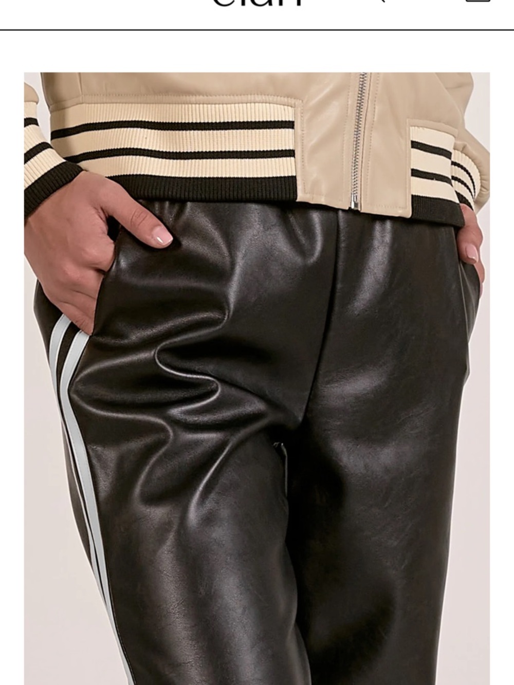 Elan Black Faux Leather Wide-Leg Pants with White Side Stripes - Picture 4 of 8